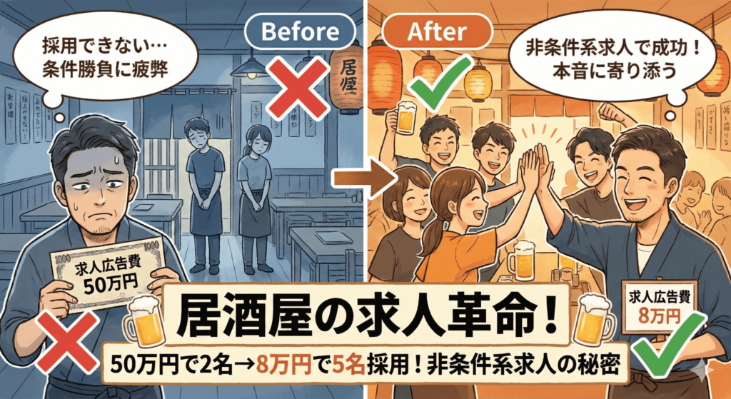 高額な求人広告費をかけても採用できない悩みを解決!居酒屋が実践した「非条件系求人広告」で、50万円で2名しか採用できなかった状況から、わずか8万円で5名の採用に成功した具体的手法を公開。条件勝負ではなく、応募者の本音に寄り添う求人の書き方とは?