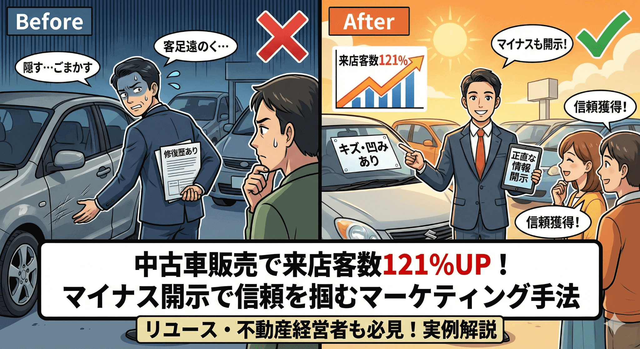 【来店率121%UP】中古車販売で成功する「欠点を認めるマーケティング」の秘密