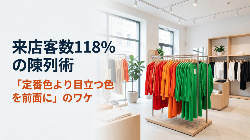 アパレル店の来店客数を118%に増やしたディスプレイの秘訣を解説。売れるのは定番色でも、店頭に並べるべきは「あえて派手な色」。飲食店にも応用できる「非定番を前面に出す」集客テクニックを事例つきで紹介します。