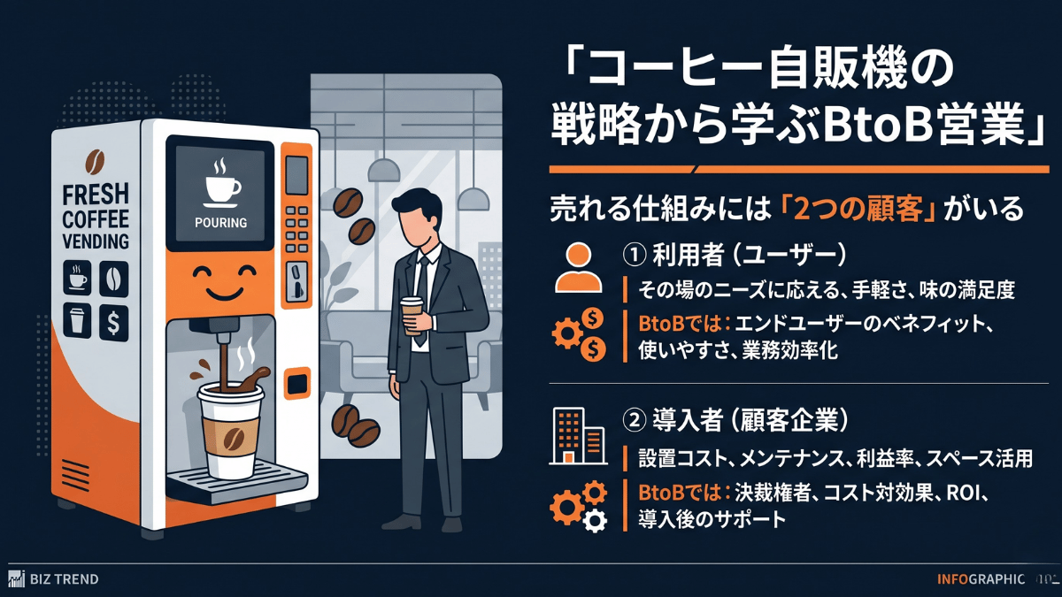 コーヒー自販機メーカーが短期間で設置台数を伸ばした理由は「直接の取引先」と「その先のユーザー」の両方に価値を提供する座組み設計でした。BtoB営業や中小企業の集客で「売れるけど結果が出ない」「良い提案なのに契約が取れない」と悩む経営者に向けて、両者への価値提供を両立させる考え方を解説します。