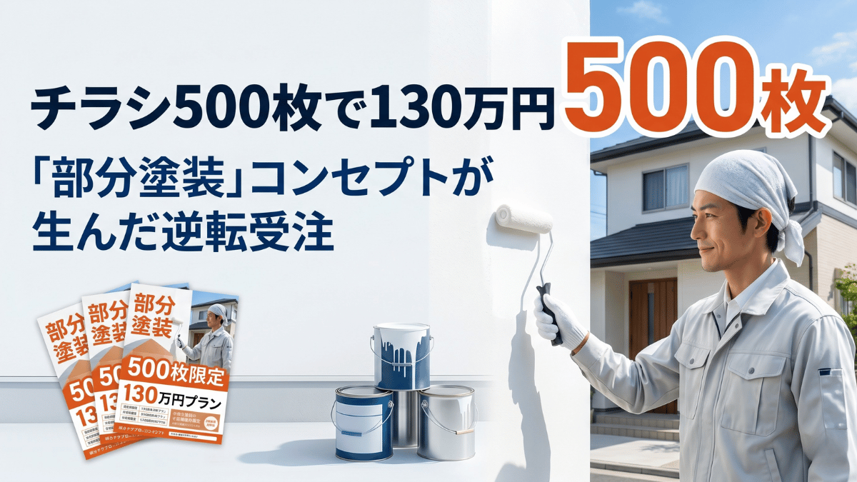 外壁塗装 チラシ集客で悩んでいませんか？チラシ500枚でわずか2件、計130万円を受注した塗装会社の事例を解説。「部分塗装」という独自コンセプトがなぜ刺さったのか、その設計の考え方を詳しく紹介します。