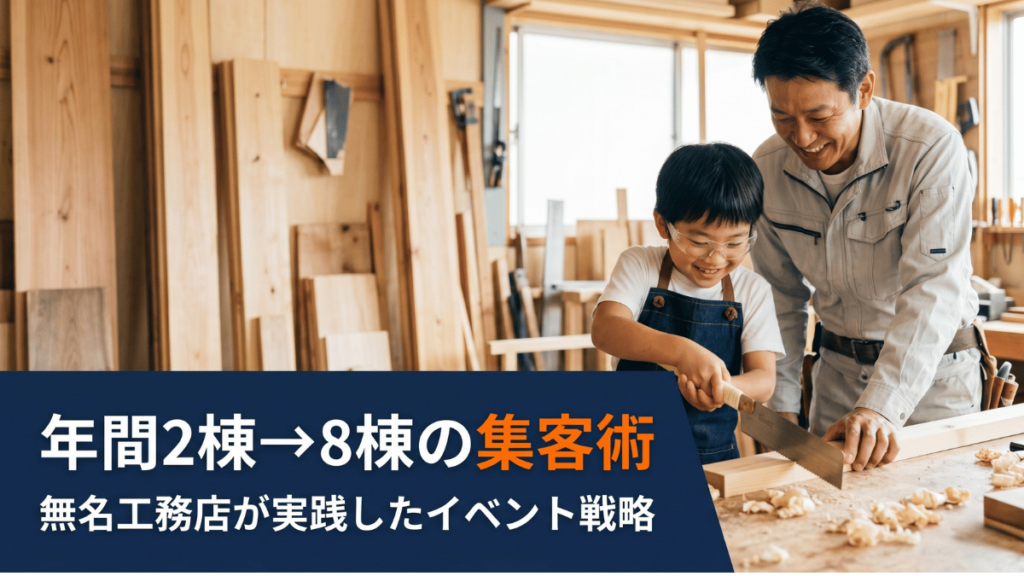 施工実績がほぼゼロでも使える工務店の集客イベント戦略を詳しく解説します。学習机の親子制作ワークショップを無料開催して家を建てたい世代の見込み客を自然に集め、月1回のニュースレターでフォローアップするだけで年間2棟から8棟への受注増加を達成した手法と、バイク販売店や不動産など他業種への応用例も紹介します。