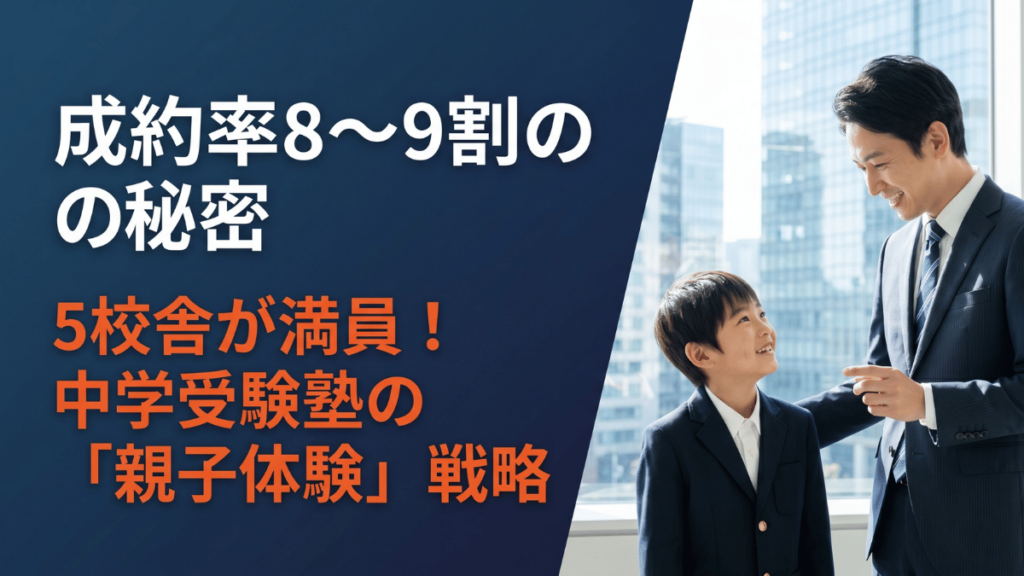 説明会の成約率が8〜9割に達する「親子体験」の仕組みを徹底解説。都内5校舎を常に定員でいっぱいにしている中学受験塾の実践事例から、子ども向けビジネスの集客・成約率を飛躍的に高める体験設計の秘密を公開します。