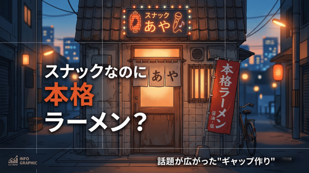 スナックなのに本格ラーメンが食べられる、という意外性が口コミとSNSで広がり夜の売上も伸びた実例から、ギャップ作りで集客する方法を解説。中小企業の経営者が今日から実践できる話題作りの3ステップと注意点を紹介します。