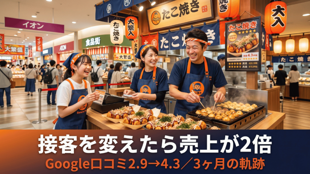 オーナー交代わずか3ヶ月で月商170万円から310万円へ。Google口コミも2.9から4.3に急回復したたこ焼き屋の実例を公開。接客改善と口コミ戦略がなぜ最強のマーケティングになるのか、飲食店・中小企業経営者必読の事例解説です。