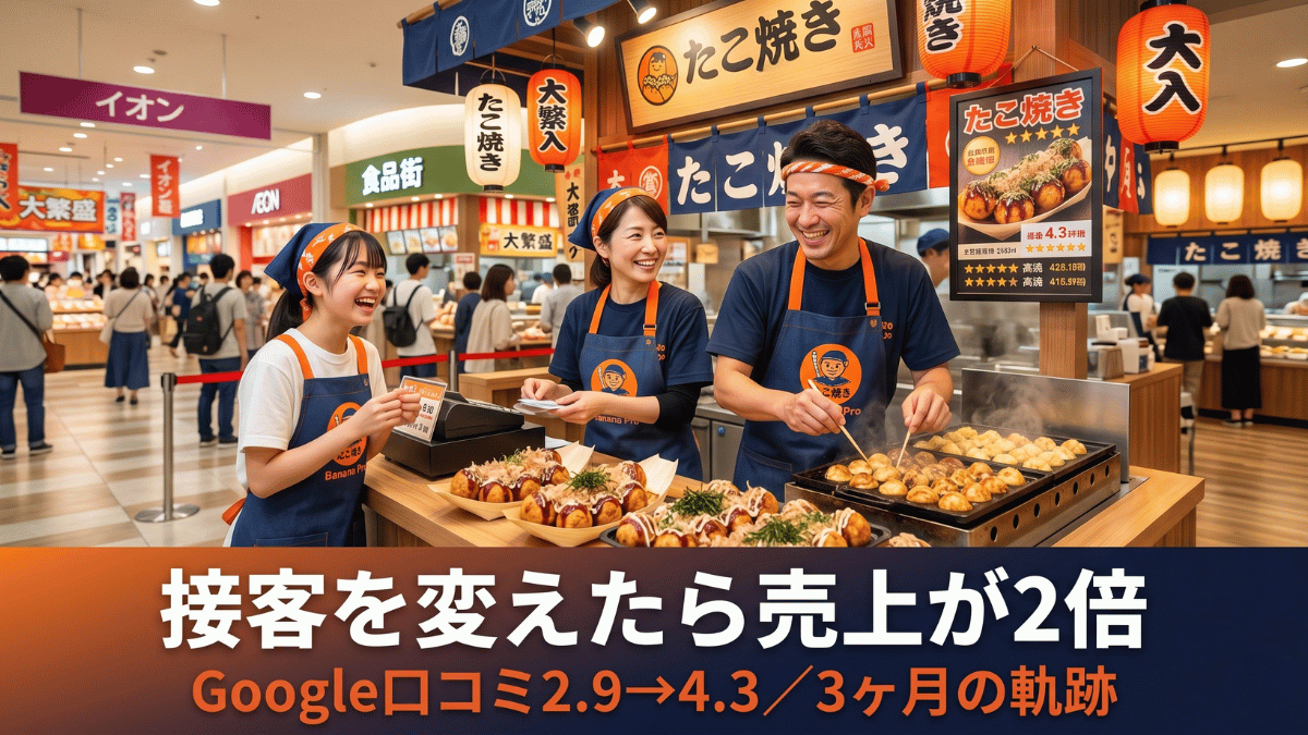 オーナー交代わずか3ヶ月で月商170万円から310万円へ。Google口コミも2.9から4.3に急回復したたこ焼き屋の実例を公開。接客改善と口コミ戦略がなぜ最強のマーケティングになるのか、飲食店・中小企業経営者必読の事例解説です。