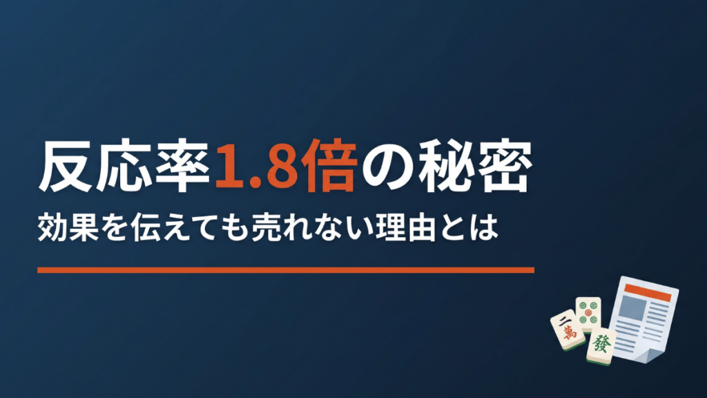 チラシの反応率が上がらないと悩んでいませんか。健康麻雀教室のチラシが1.8倍の反応率に伸びた実例をもとに、ベネフィットや効果効能を伝えても売れない本当の理由と、お客様が抱えている「買わない理由」を消して反応率を改善するメッセージの作り方を、中小企業の経営者に向けてわかりやすく具体的に解説していきます。