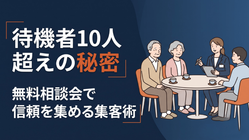 サービスを売る前提ではない無料相談会を実施したことで、入居待ち10人以上の待機者リストを作ったグループホームの集客戦略を解説します。相談する場所がなく困っている人に寄り添うことで信頼を得る仕組みと、介護以外の業種でも応用できる実践ステップを、具体的な進め方や注意点まで含めて経営者向けに詳しく紹介します。