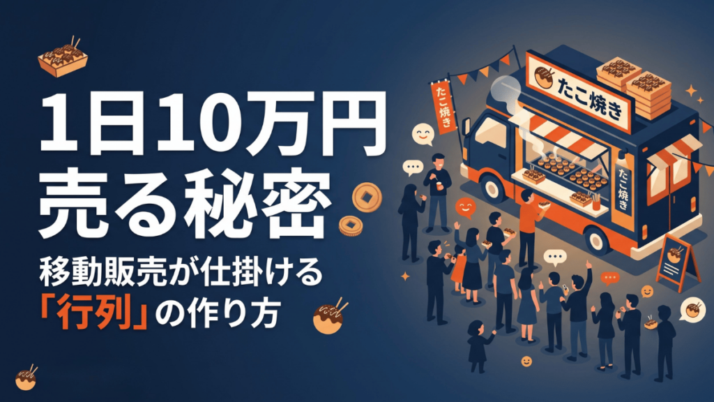 移動販売のたこ焼き屋が1日10万円を売り上げる秘密は「行列を作る」集客術にあります。お客様が途切れた瞬間に試食の声かけで人を呼び込み、行列という心理効果を生み出して次のお客様を自然に引き寄せる具体的な仕組みを詳しく解説します。キッチンカーや飲食店、小売店の集客に悩む経営者の方はぜひ参考にしてください。