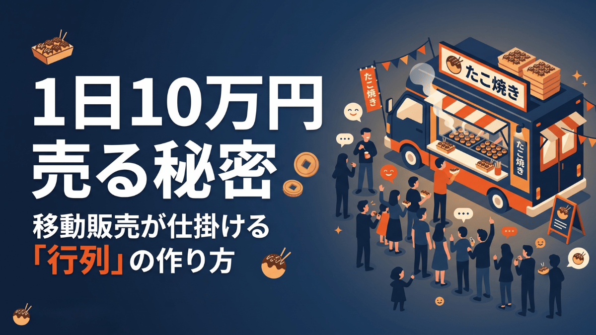 移動販売のたこ焼き屋が1日10万円を売り上げる秘密は「行列を作る」集客術にあります。お客様が途切れた瞬間に試食の声かけで人を呼び込み、行列という心理効果を生み出して次のお客様を自然に引き寄せる具体的な仕組みを詳しく解説します。キッチンカーや飲食店、小売店の集客に悩む経営者の方はぜひ参考にしてください。