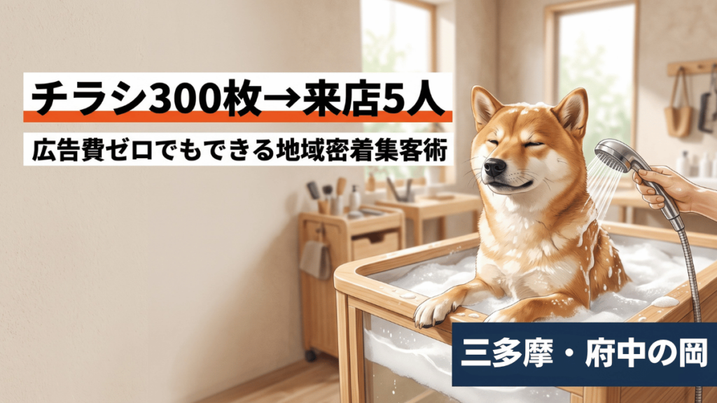 広告費をかけられない新規開業者やスタッフの少ない店舗経営者へ。犬のお風呂屋さんが地元の大きなお祭りで警察や神社の許可を得てチラシ300枚を手配りし、5人の来店につなげた実例をもとに、チラシ集客で成果を出す場所選びと声かけのコツ、今日から実践できる地域密着マーケティングの考え方をわかりやすく解説します。